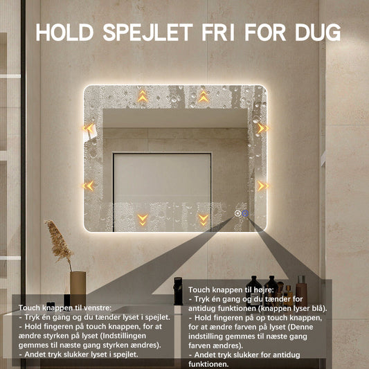 Spejl til badeværelse 100 cm bred og 80 cm højt med varme