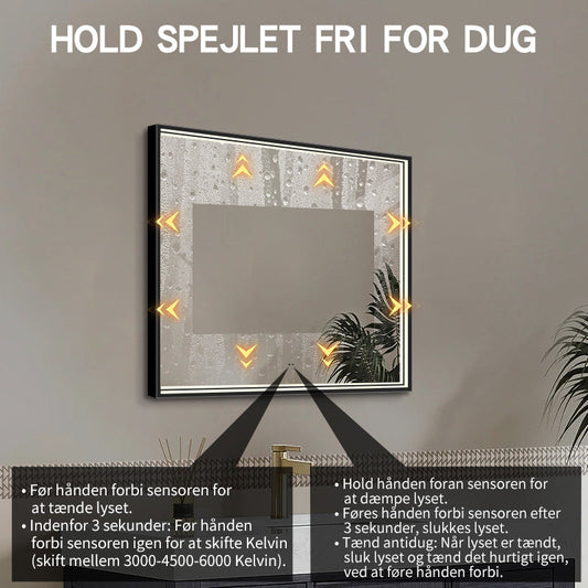 Firkantet Spejl med LED-lys i Ramme og Antidug 80x80 cm, Sort Ramme