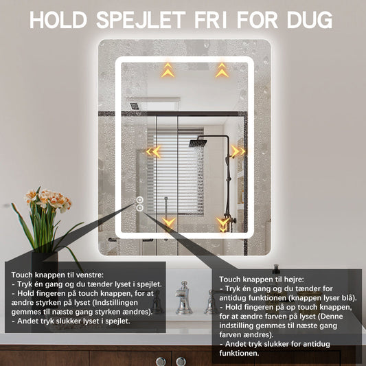 Firkantet Spejl med Frontlight LED-lys og Antidug 80x100 cm