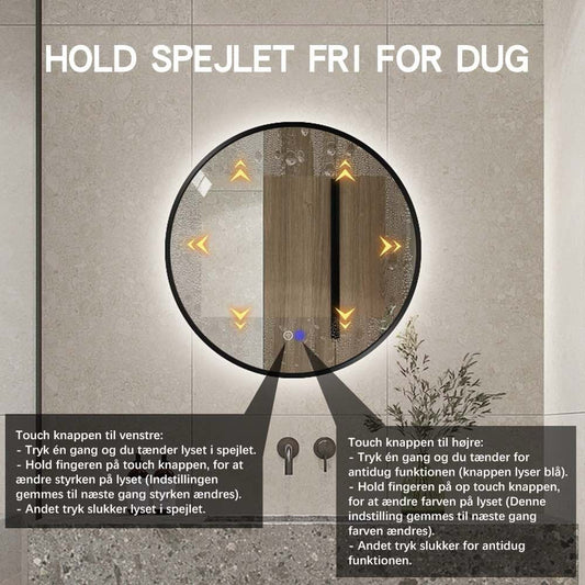 Rundt spejl med LED-lys og Antidug Ø70 cm m/sort ramme