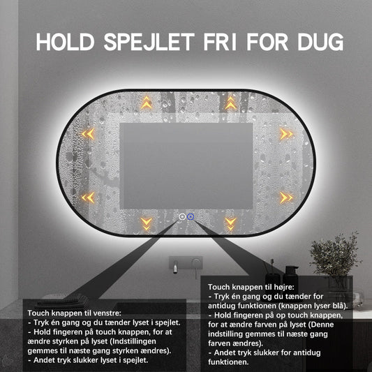 Ovalt Spejl med Lys og Antidug 140x80 cm m/sort ramme