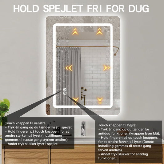 Firkantet Spejl med LED-lys (front + backlight) og Antidug 60x80 cm