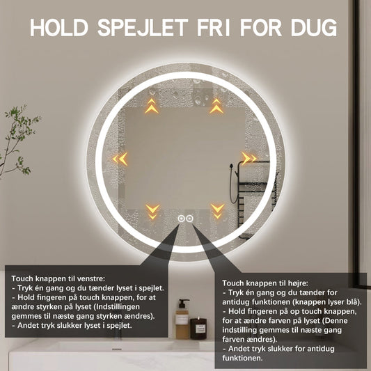 Rundt Spejl med LED-lys (front + backlight) og Antidug Ø90 cm