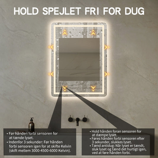 Firkantet Spejl med Frontlight LED-lys og Antidug 60x80 cm