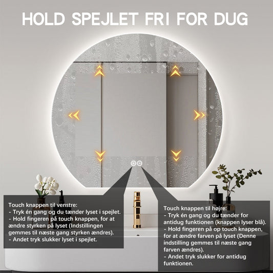Ø100 cm spejl med antidug varme til badeværelset med lækkert dæmpbar LED- lys. Du kan ændre kelvin og lysstyrke direkte på spejlet.