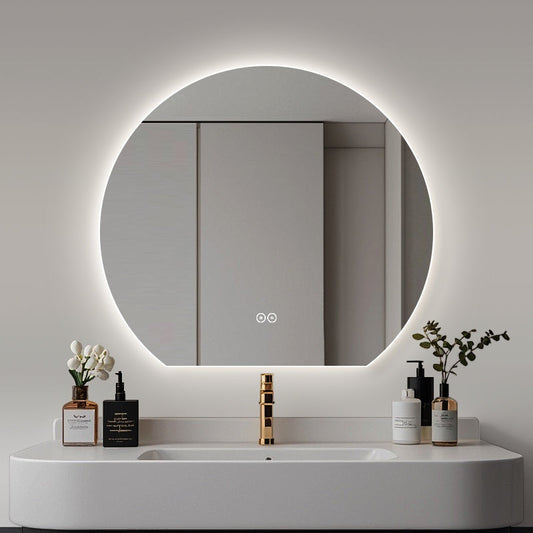 Ø100 cm spejl med antidug varme til badeværelset med lækkert dæmpbar LED- lys. Du kan ændre kelvin og lysstyrke direkte på spejlet.