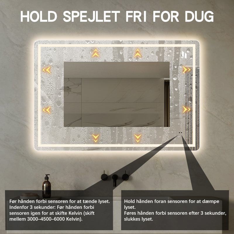 120x80 cm stort badeværelsesspejl med antidug varme og led lys