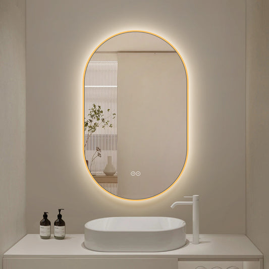 Ovalt Spejl med Lys og Antidug 50x80 cm m/guld ramme