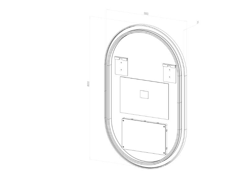Badeværelsesspejl i oval form. 50 cm bred og 80 cm højt. Spejlet kommer med antidug varme funktion, LED-lys og sort ramme