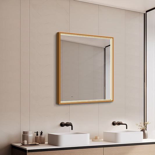 Firkantet Spejl med LED-lys i Ramme og Antidug 80x80 cm, Guld Ramme