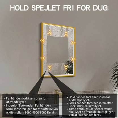 Rektangulært Spejl med LED-lys i Ramme og Antidug 60x80 cm, Guld Ramme