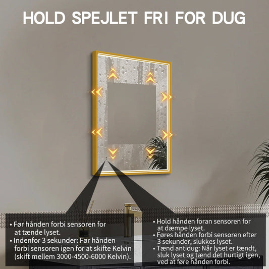 Rektangulært Spejl med LED-lys i Ramme og Antidug 60x80 cm, Guld Ramme