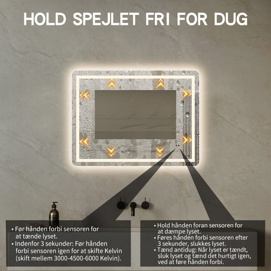 Firkantet Spejl med Frontlight LED-lys og Antidug 80x60 cm