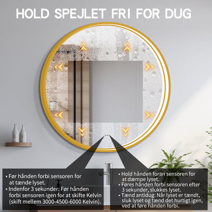 Rundt Spejl med LED-lys i Ramme og Antidug Ø100, Guld Ramme
