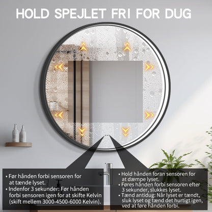 Rundt Spejl med LED-lys i Ramme og Antidug Ø100, Sort Ramme