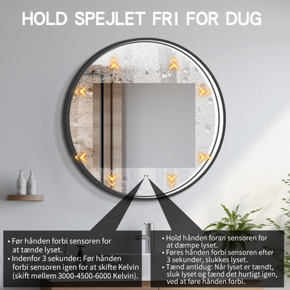 Rundt Spejl med LED-lys i Ramme og Antidug Ø90, Sort Ramme