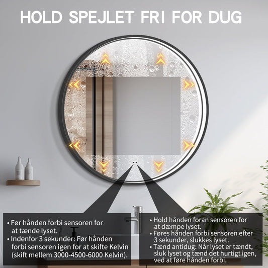 Rundt Spejl med LED-lys i Ramme og Antidug Ø90, Sort Ramme