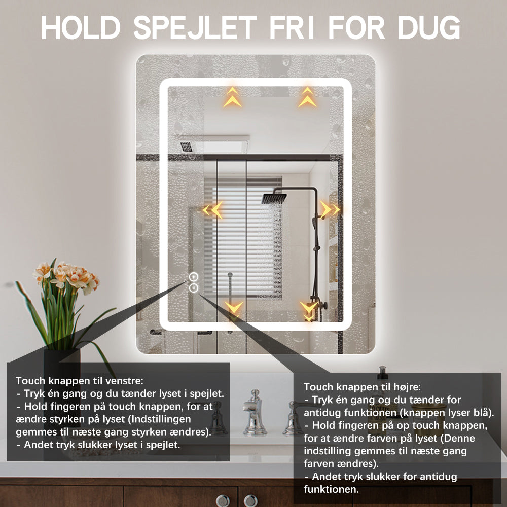 Firkantet Spejl med Frontlight LED-lys og Antidug 80x100 cm