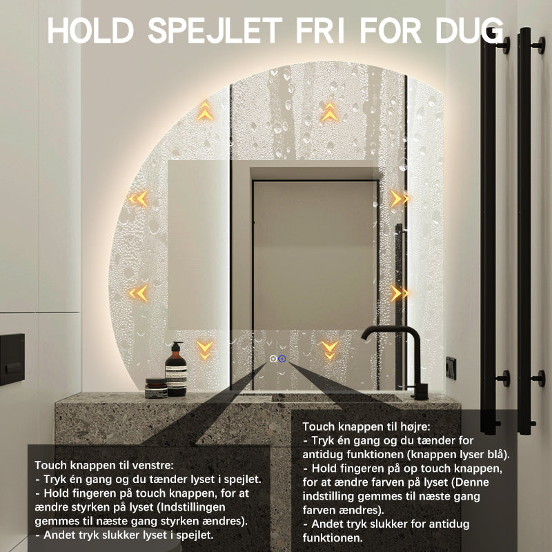 1/4 Rund spejl med LED-lys og Antidug 100x100 cm (Venstrevendt)