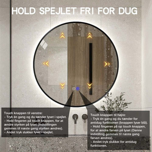 Rundt spejl med LED-lys og Antidug Ø90 cm m/sort ramme