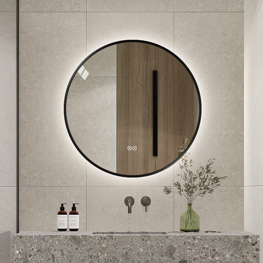 Rundt spejl med LED-lys og Antidug Ø70 cm m/sort ramme