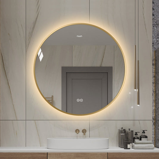 Rundt spejl med LED-lys og Antidug Ø70 cm m/guld ramme