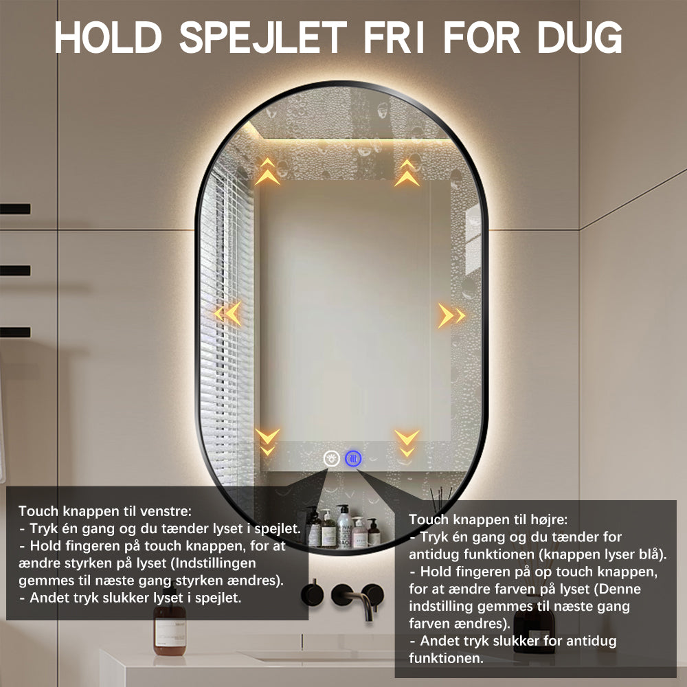 NYHED: Ovalt Spejl med LED-lys og Antidug 50x80 cm m/Sort Ramme