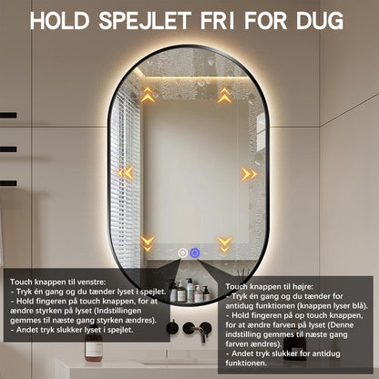 Oval spejl til badeværelset 50x80 cm med sort ramme, LED-lys og antidg varme funktion