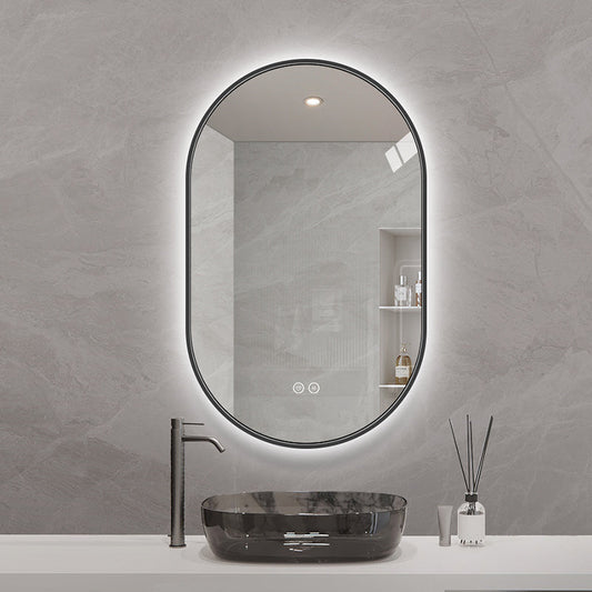 NYHED: Ovalt Spejl med LED-lys og Antidug 50x80 cm m/Sort Ramme