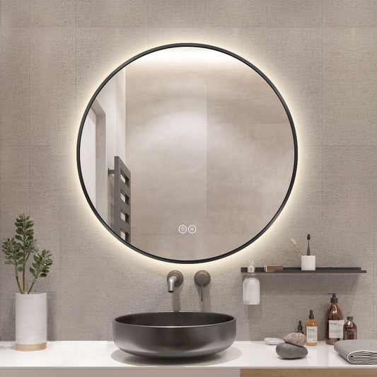 Rundt spejl med LED-lys og Antidug Ø90 cm m/sort ramme