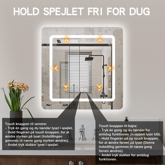 Kvadratisk spejl med LED-lys (front + backlight) og Antidug 80x80 cm