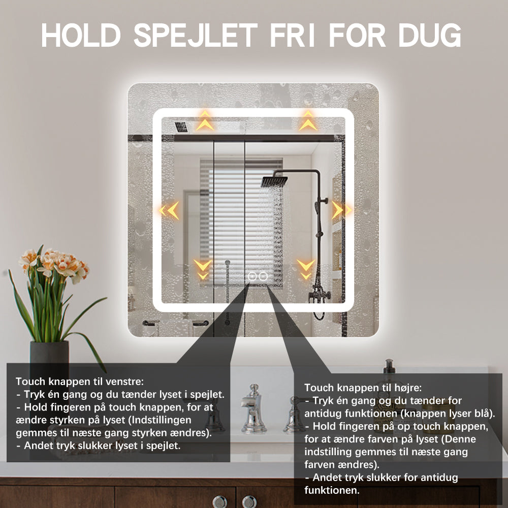 Kvadratisk Spejl med Frontlight LED-lys og Antidug 80x80 cm