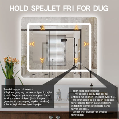 Firkantet Spejl med Frontlight LED-lys og Antidug 100x80 cm