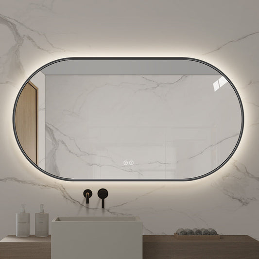 NYHED: Ovalt Spejl med LED-lys og Antidug 150x80 cm m/sort ramme