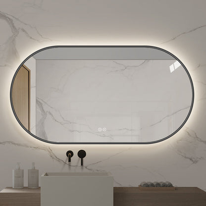 Ovalt Spejl med Lys og Antidug 150x80 cm m/sort ramme