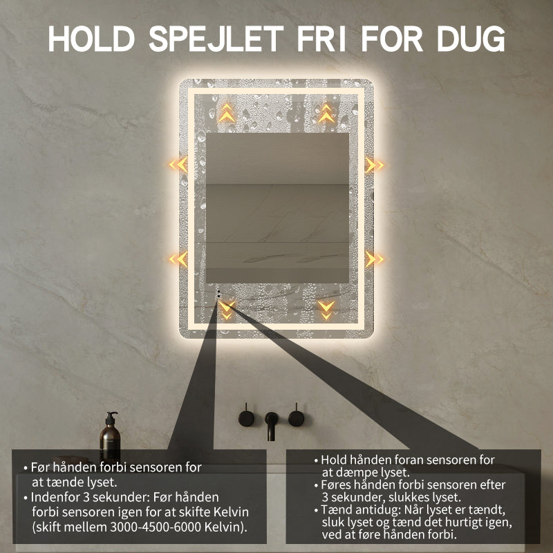 Firkantet Spejl med Frontlight LED-lys og Antidug 60x80 cm