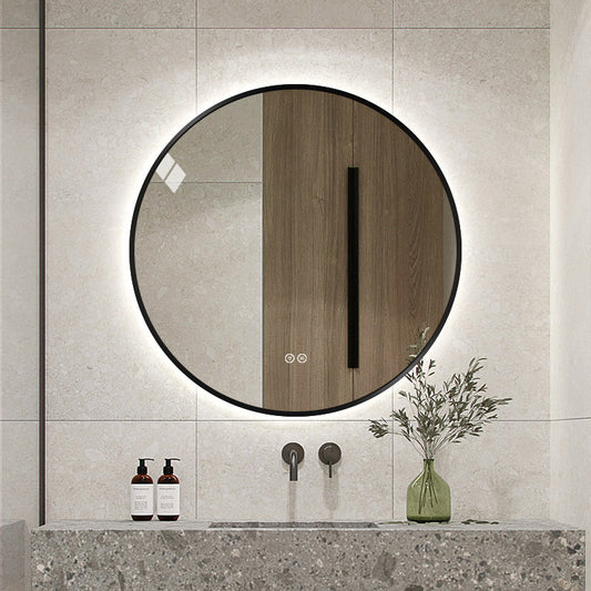 Rundt spejl med LED-lys og Antidug Ø80 cm m/sort ramme